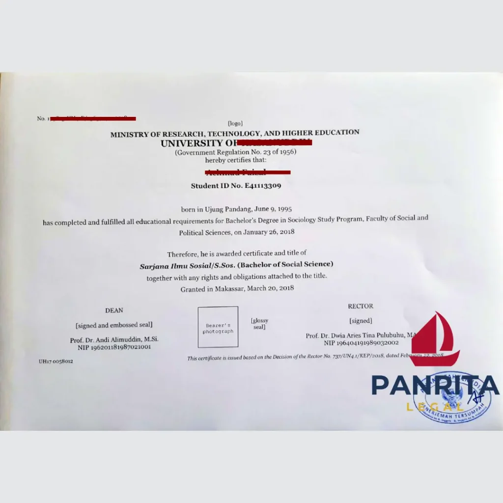 Contoh Terjemahan Tersumpah Ijazah S1